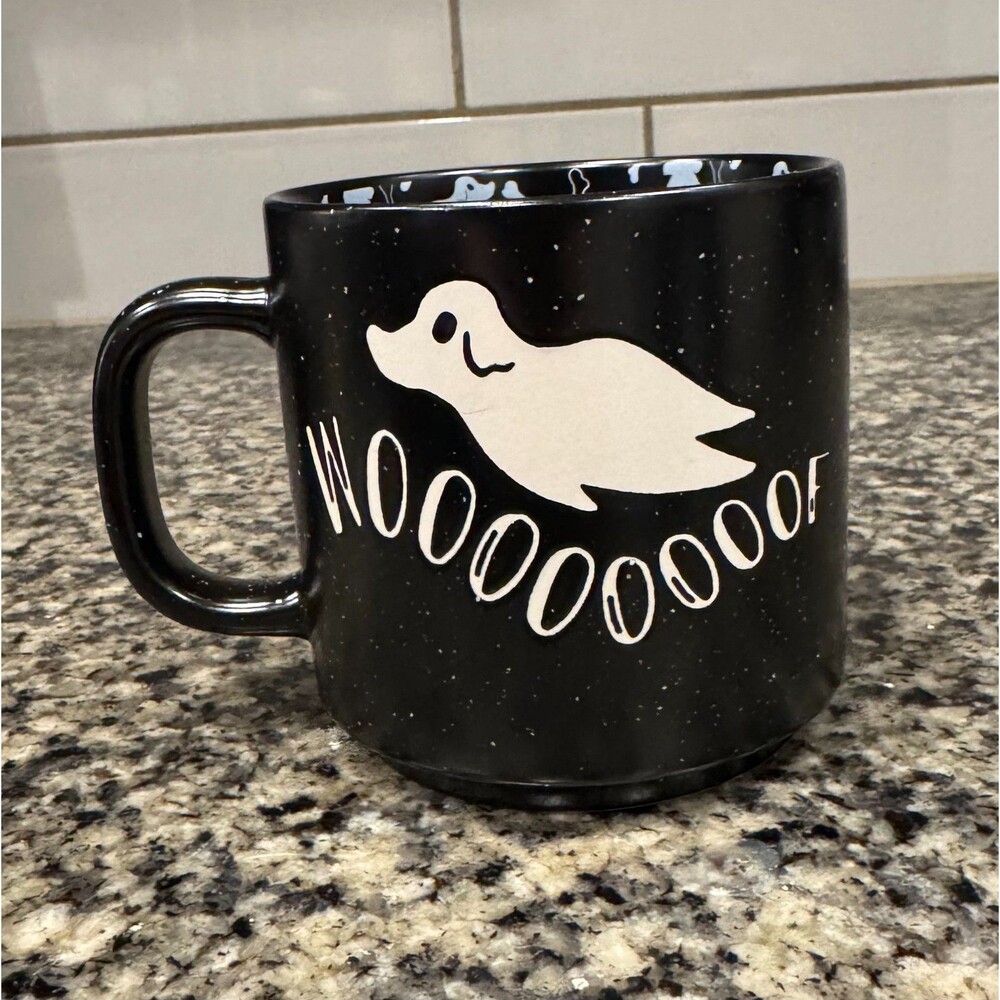 Happy Halloween Coffee Ghost Dog Mug "Wooooooof!" Winifred & Lily Dog Bone Cup
